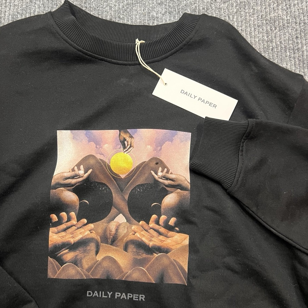 Daily Paper Mens Terry Sweatshirt Crew Neck Black Small Oversized Landscape New - Picture 2 of 10